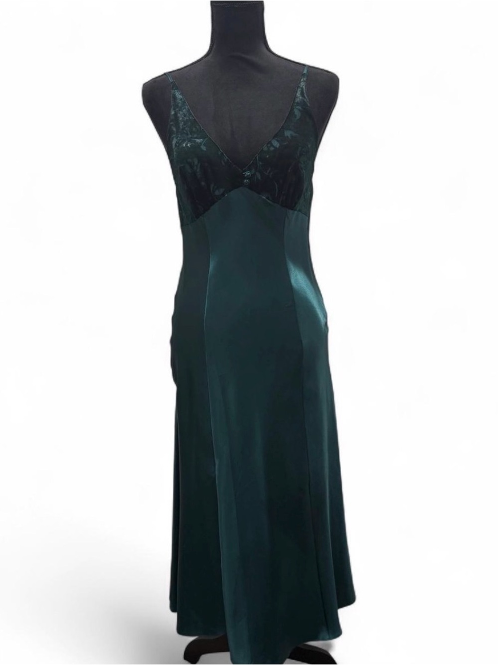 VTG Emerald Green Lace Low V Neck & Back Maxi Slip Dress Womens Size Medium